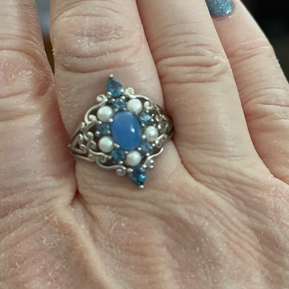 Sterling Silver Blue Jade, with Pearls and London Blue Stones- size 8